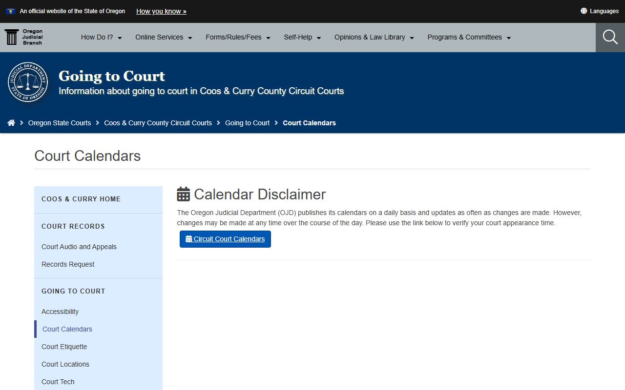Curry County court dockets Coos and Curry court calendars page