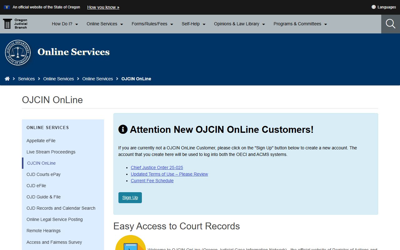 Curry County court records OJCIN OnLine access page
