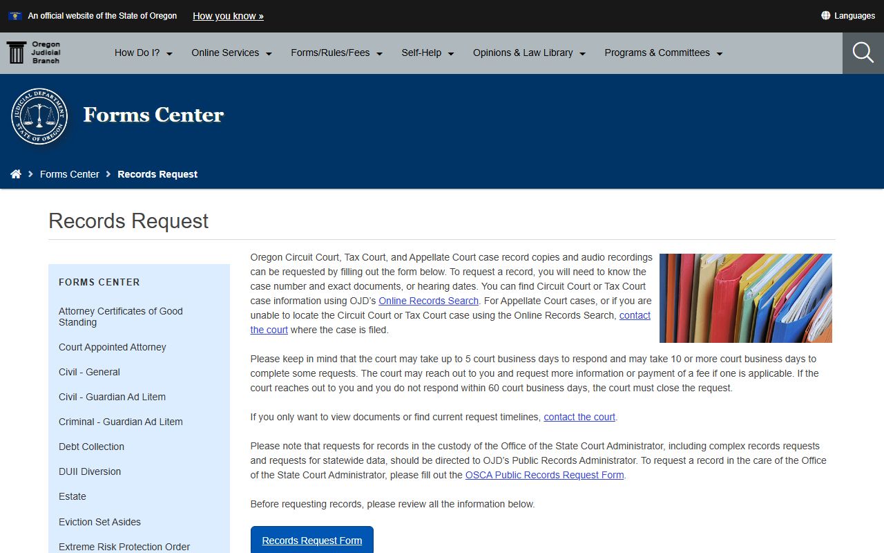 Curry County court records OJD statewide records request page