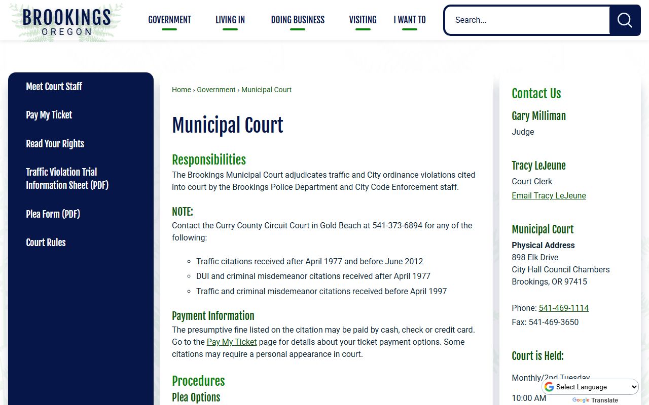 Curry County traffic court records Brookings Municipal Court