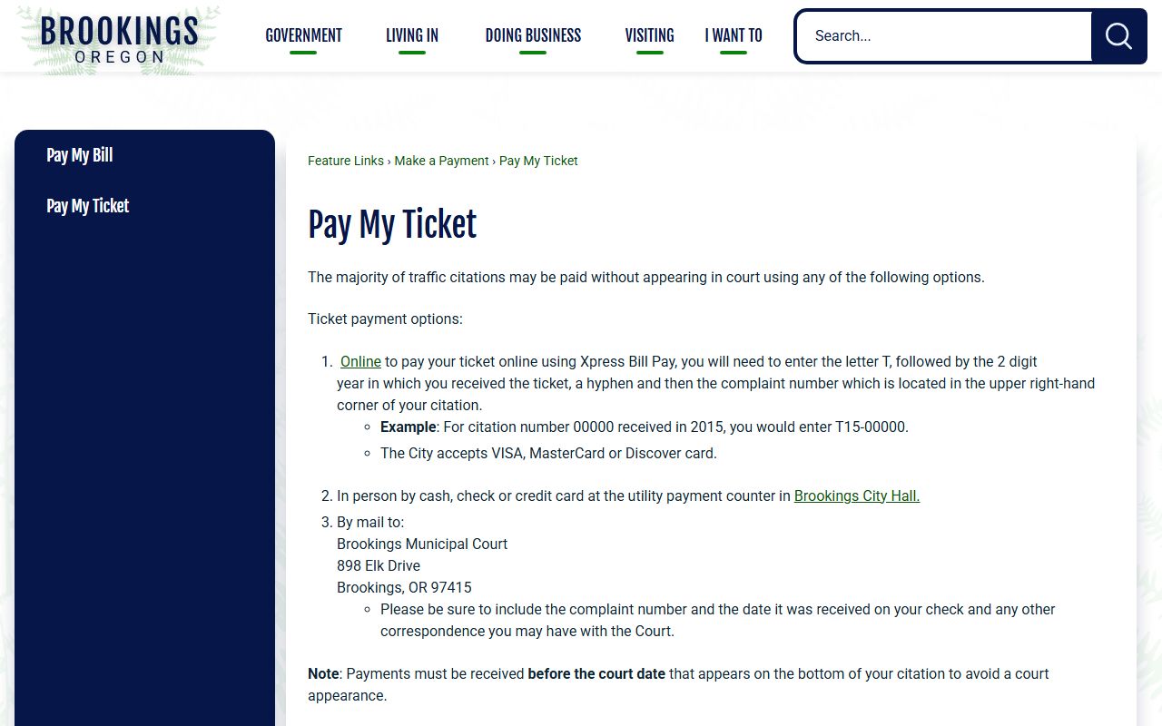 Curry County traffic court records Brookings ticket payment